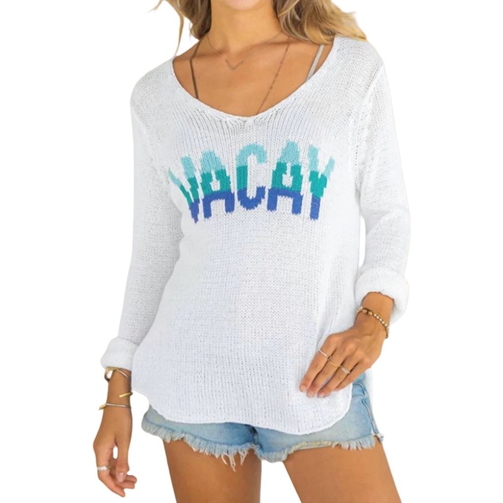 Wooden Ships Paola Buendia Vacay White and Blue V-neck Knit Sweater X/S